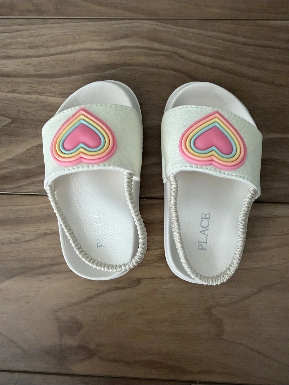 The Children's Place White Slide Sandals with Pink Rainbow Heart Accent